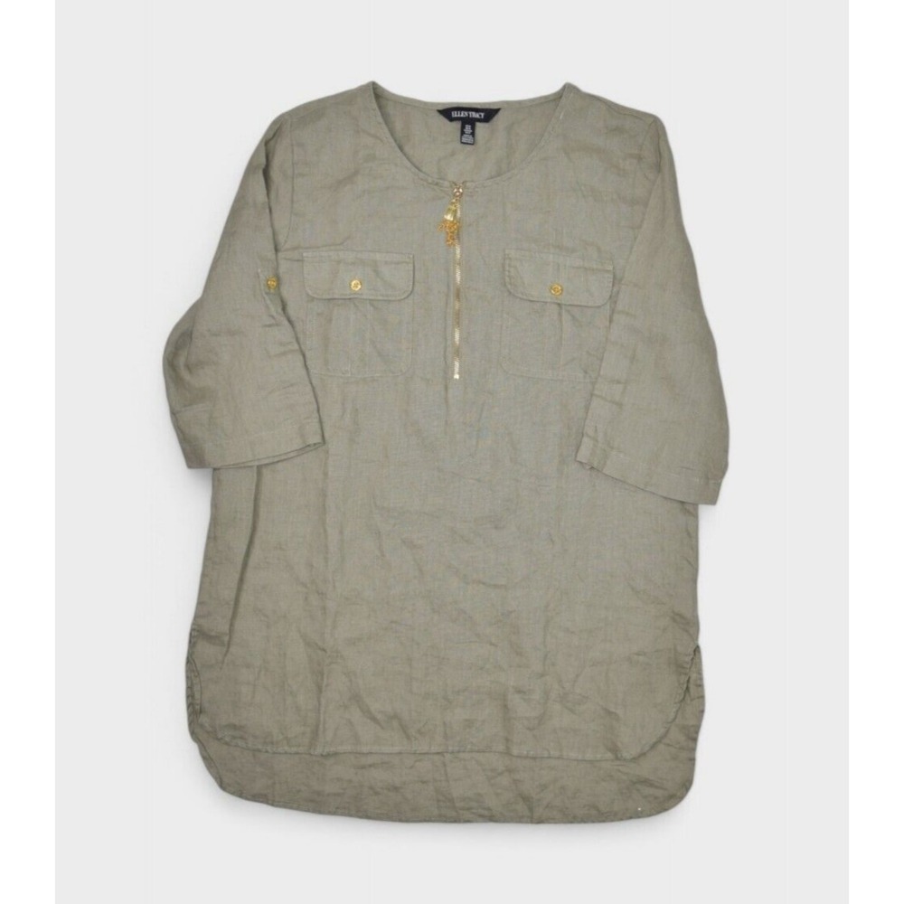 Ellen Tracy Blouse Womens Medium Olive Linen Top Popover Roll Up Sleeves 1/2 Zip